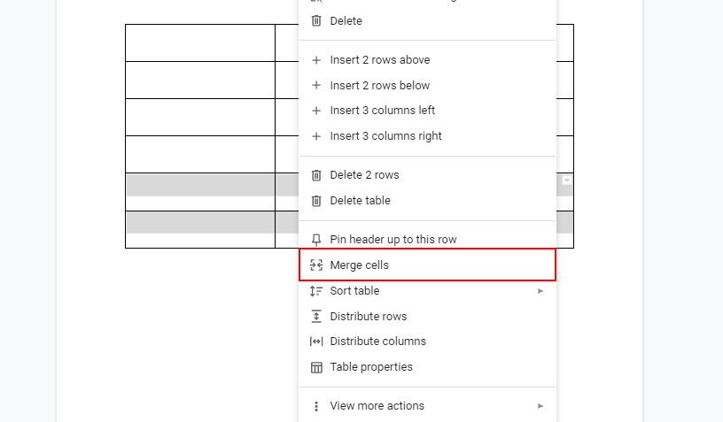 Merge cells option highlighted in Google Docs