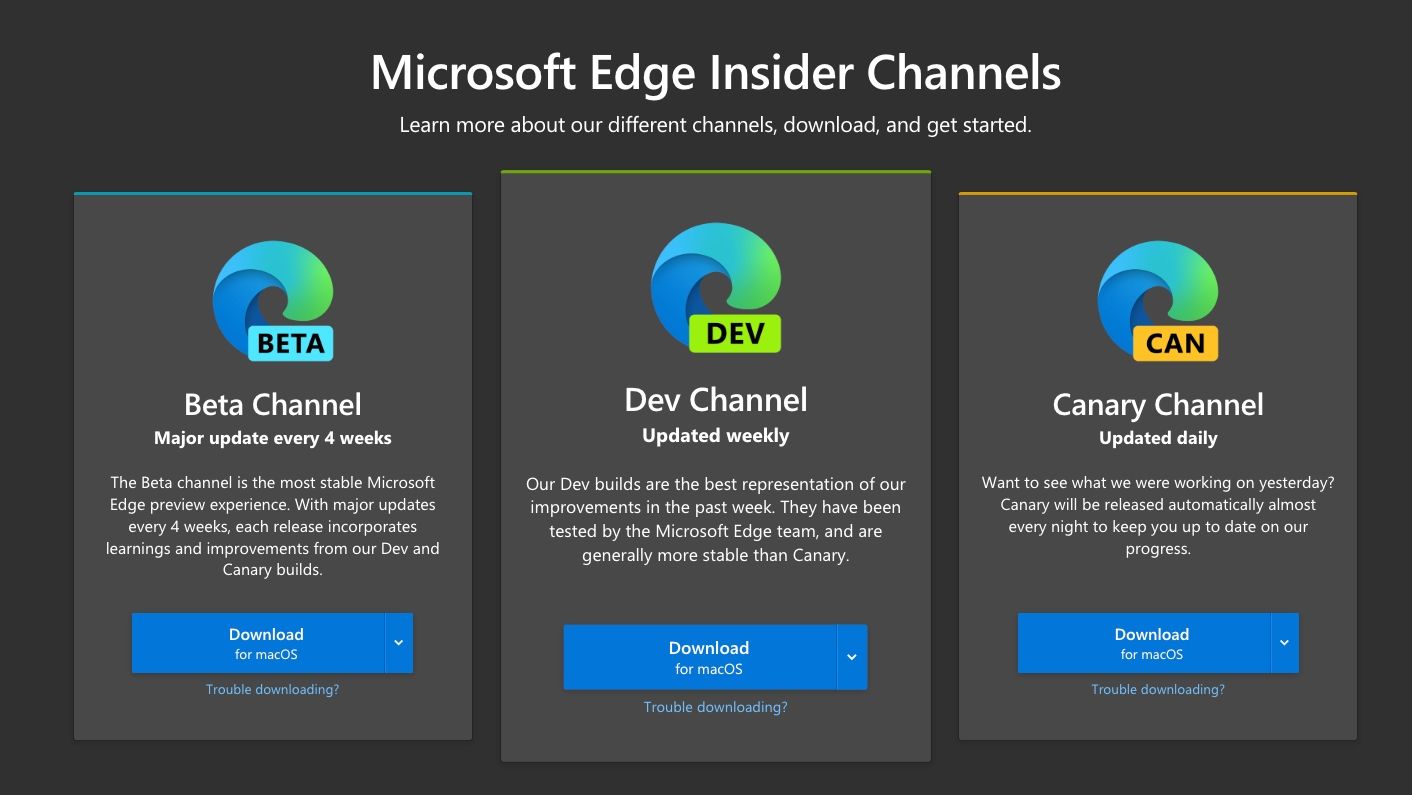 Microsoft Edge's Insider Channels page
