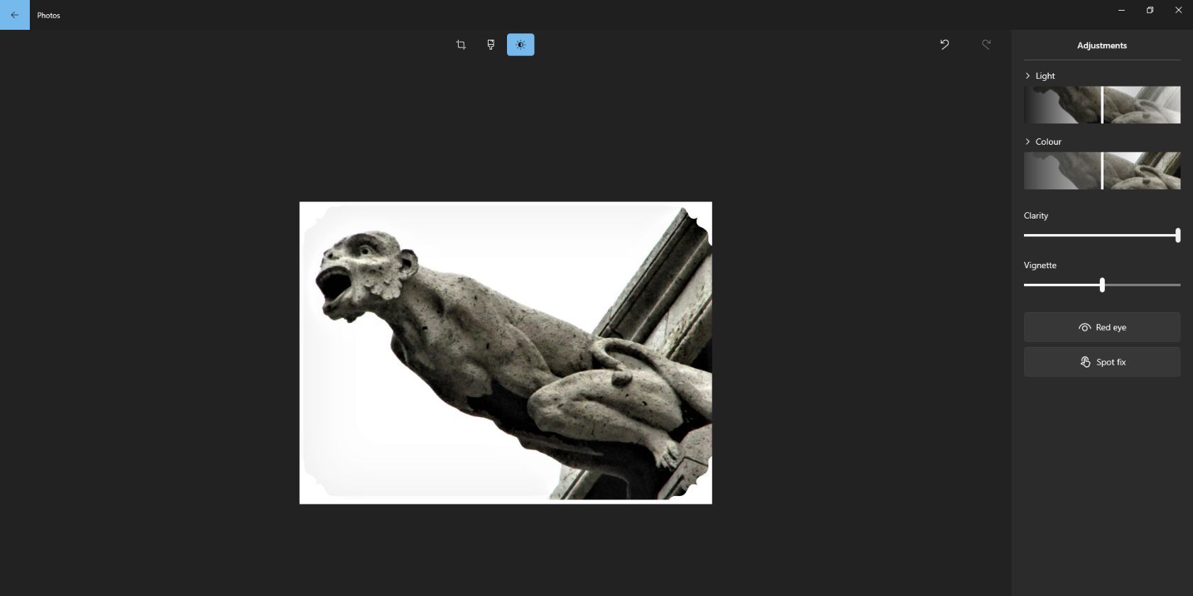 An image of a gargoyle open in the Microsoft Photos app
