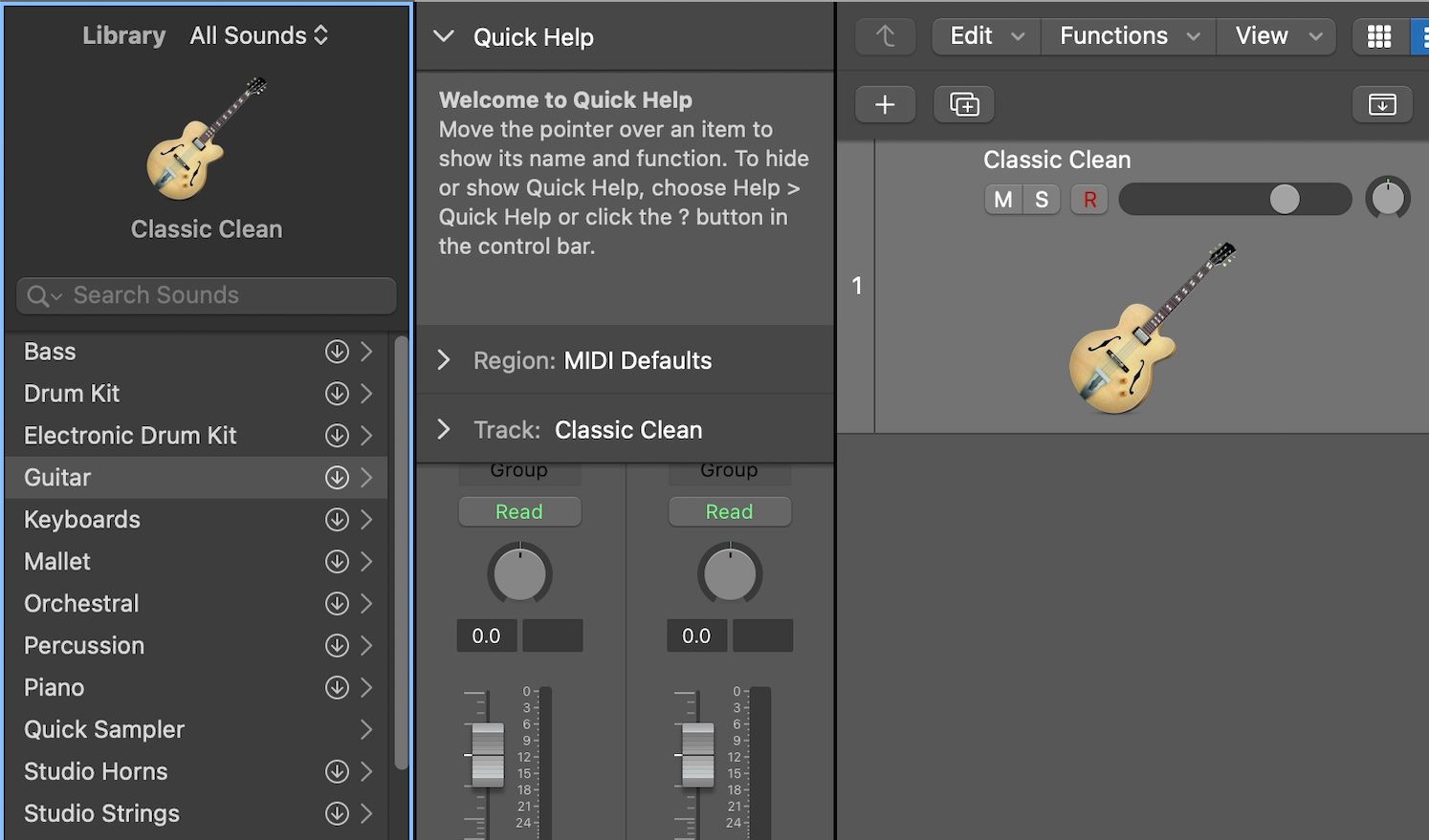 Screenshot of Logic Pro X showing a list of software instruments ranging from guitars and drums to percusssion and horns.