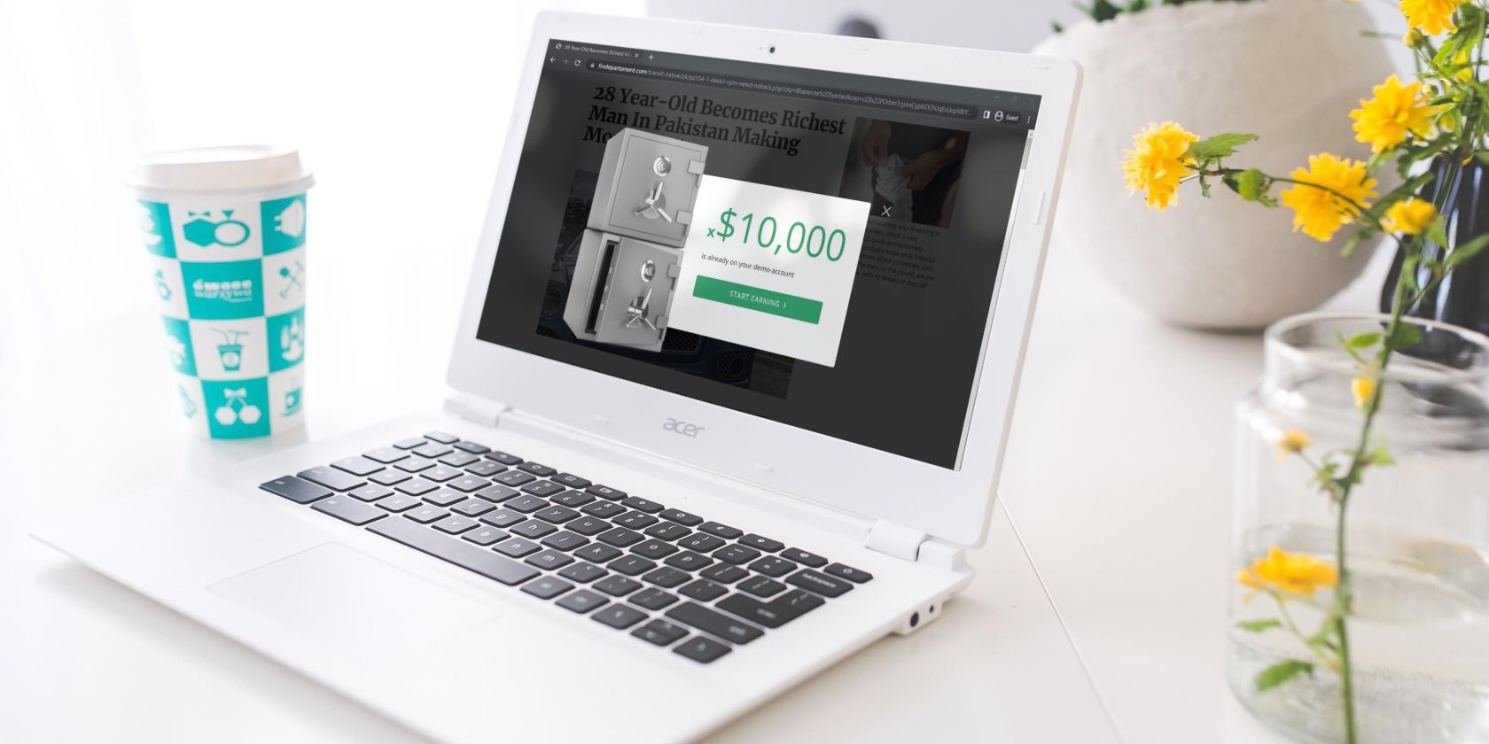 Mockup of a Laptop Placed on Table Showing a Pop-up of Adware