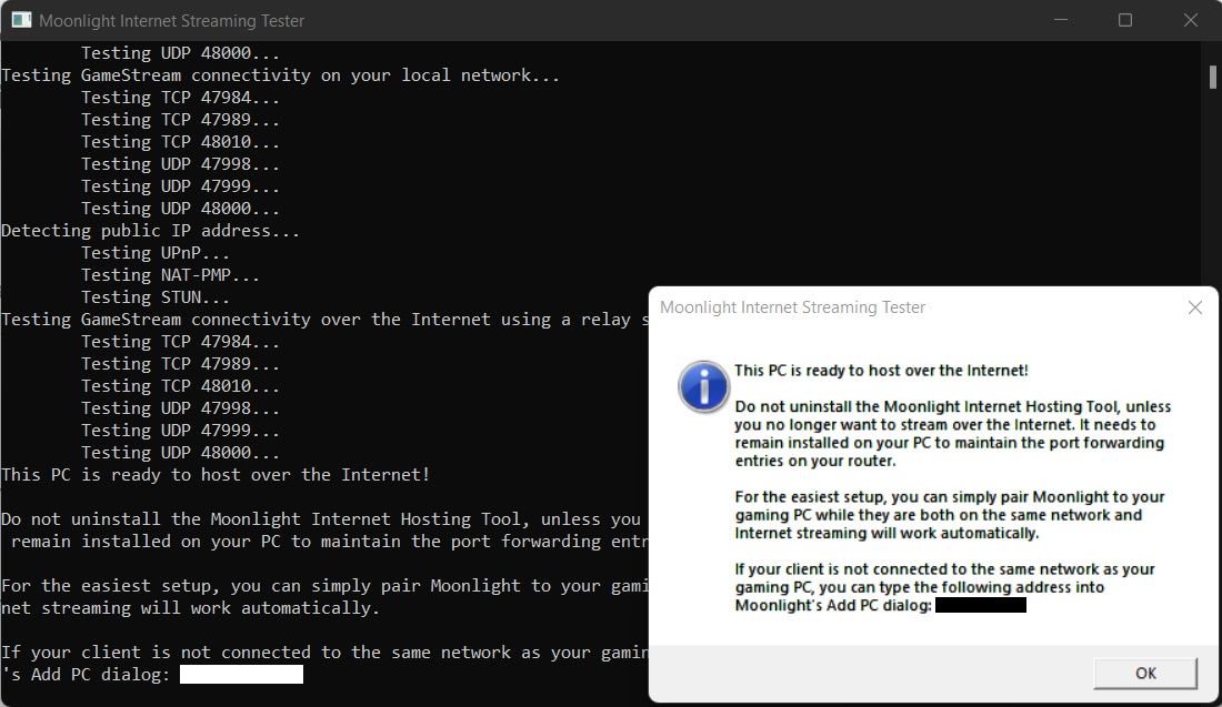Windows Command Prompt and a popup confirmation that Moonlight is working correctly for hosting over the internet.