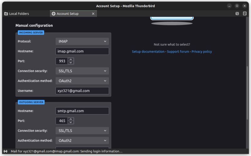 manual account configuration on thunderbird