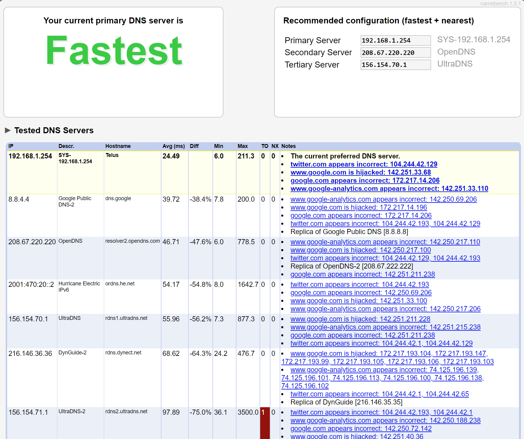 Screenshot of Namebench results