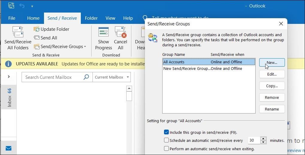 new send receive groups outlook client windows