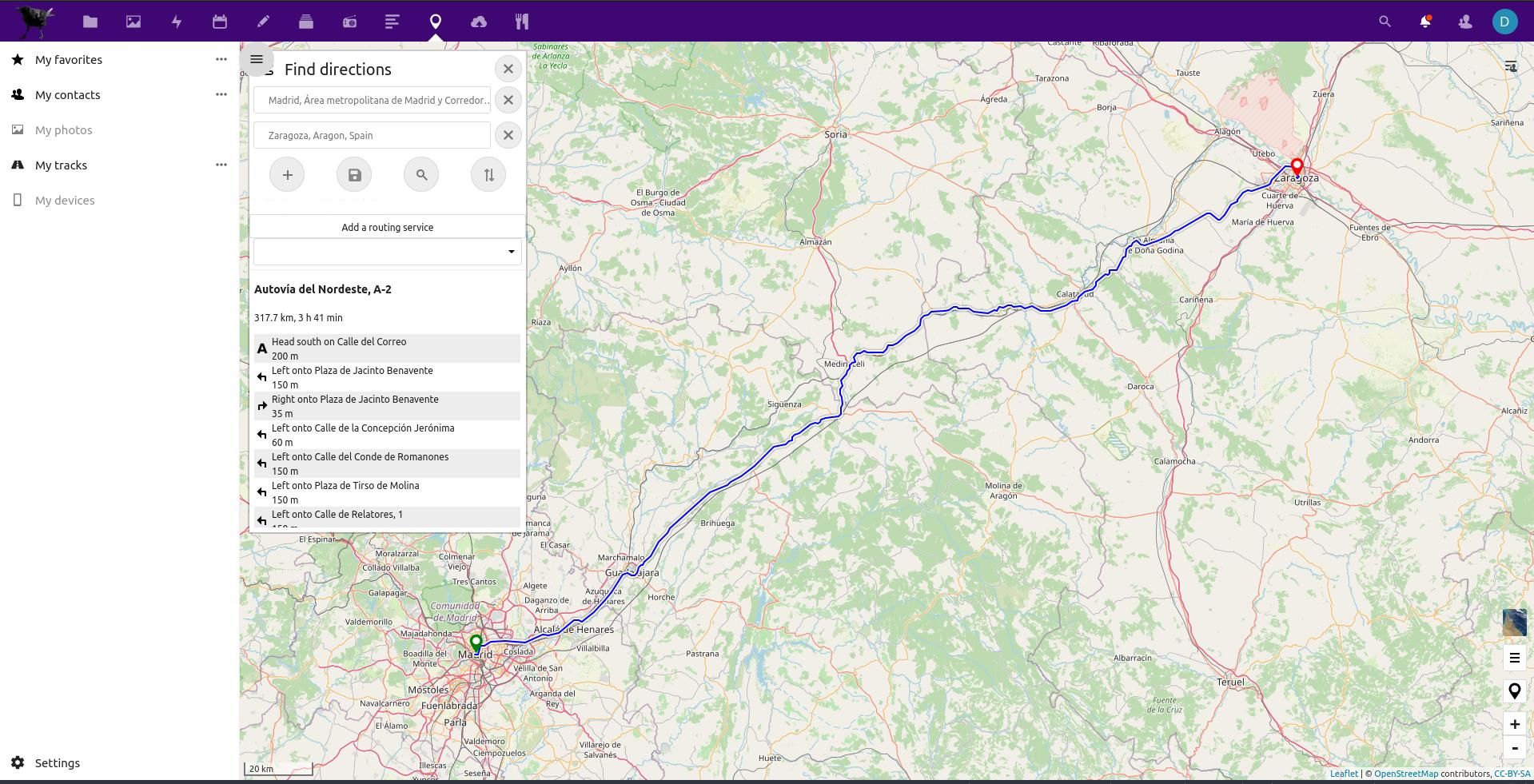 nextcloud maps showing a route planned between Madrid and Zaragoza 