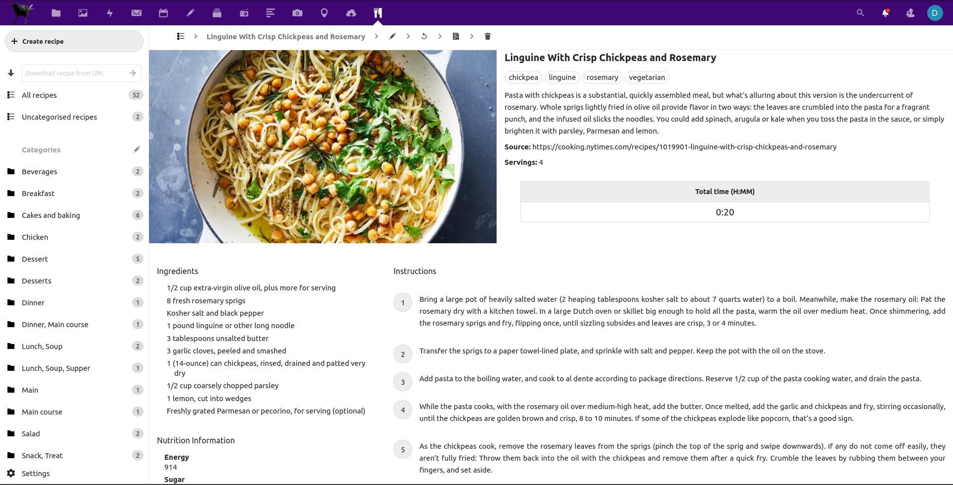 nextcloud cookbook showing a recipe for Linguine With Crisp Chickpeas and Rosemary