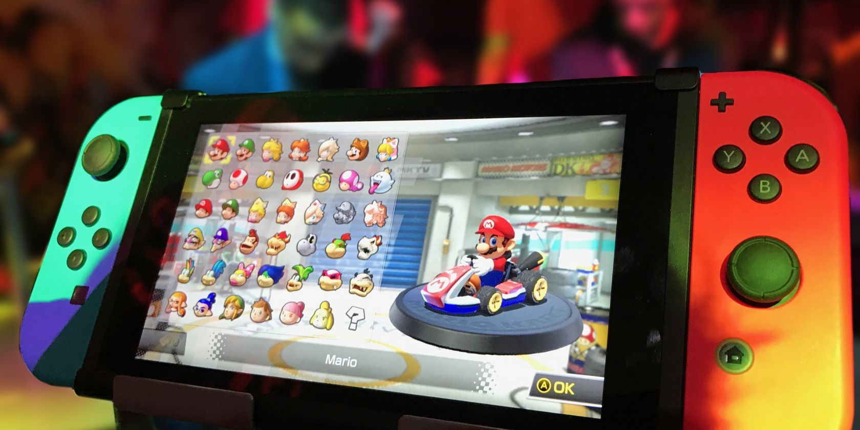 A Nintendo Switch with a Mario Kart game open
