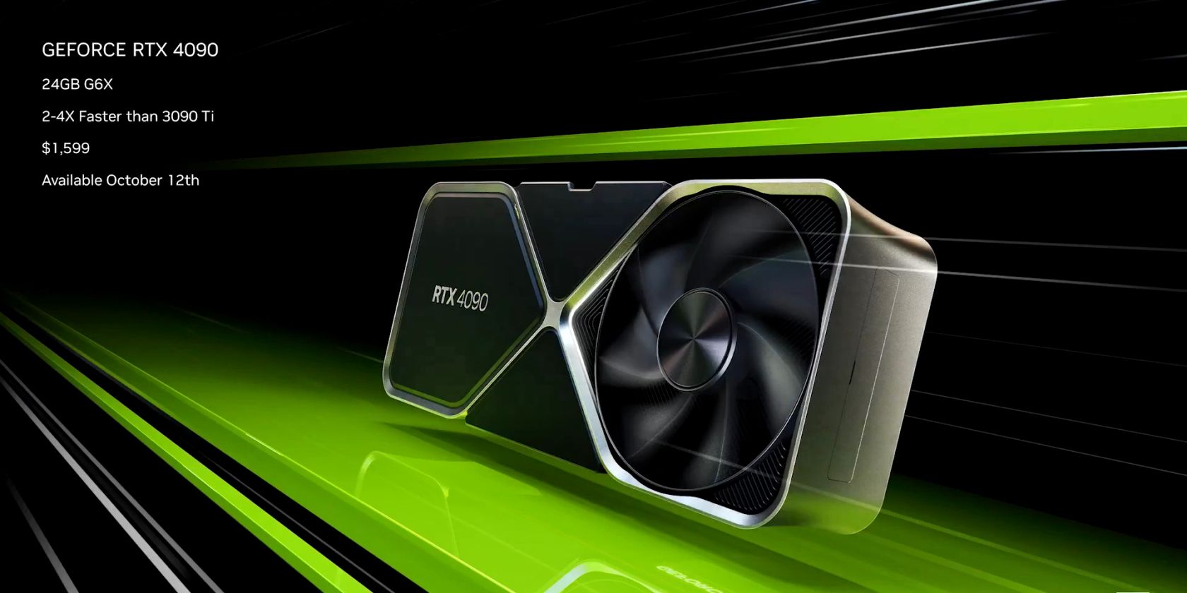 NVIDIA RTX 4090 GPU launch image with GPU and specifications on green and black background