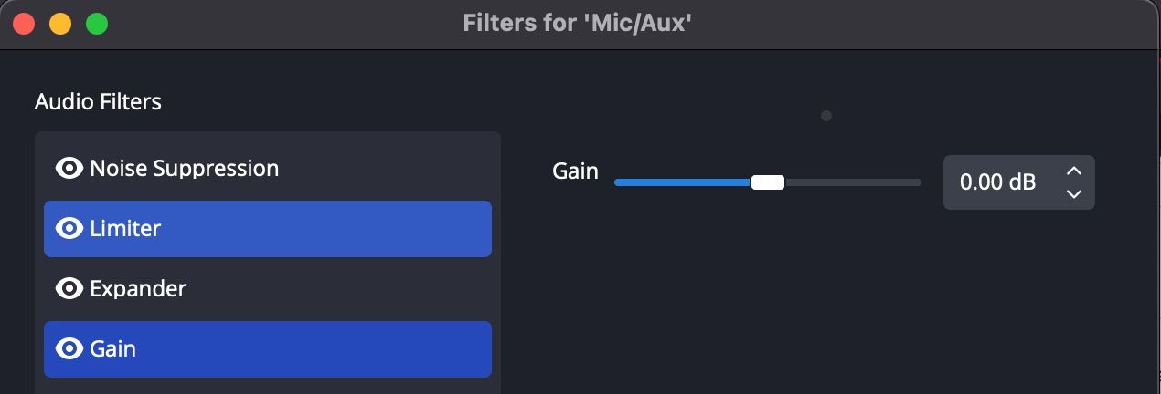 A screenshot of the Filters screen for an audio source in OBS Studio