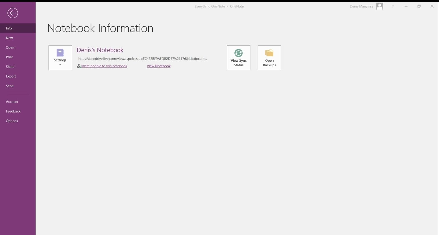 OneNote's Notebook Information window