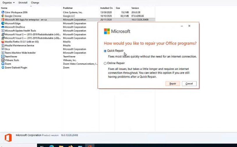 The Online Repair option for MS Office 
