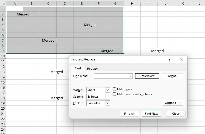 opening the find feature in Excel