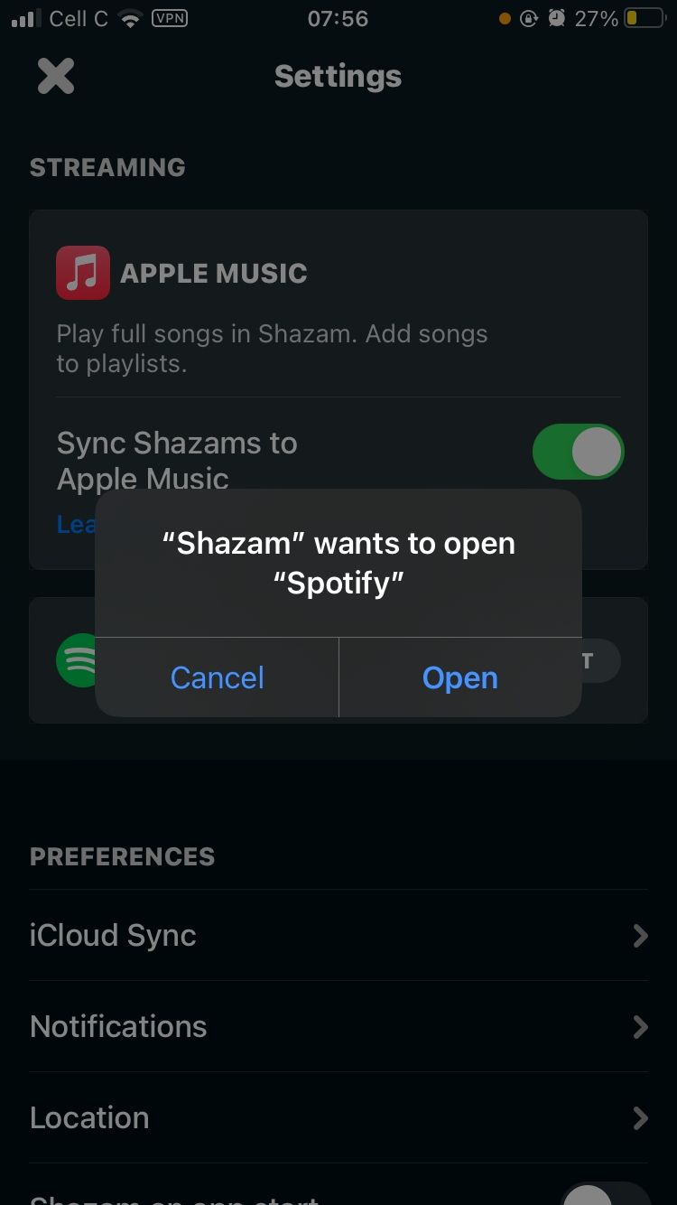 open spotify pop-up message on shazam mobile app