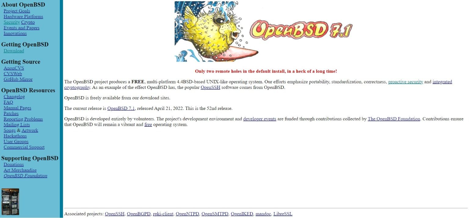 Página de inicio del sitio de OpenBSD
