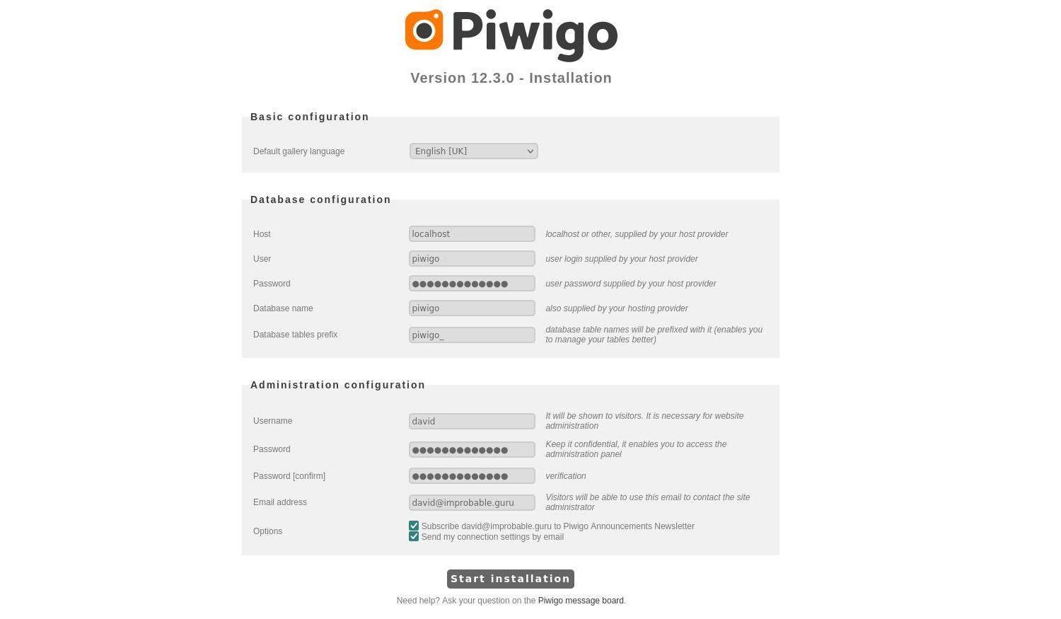 piwigo basic configuration screen