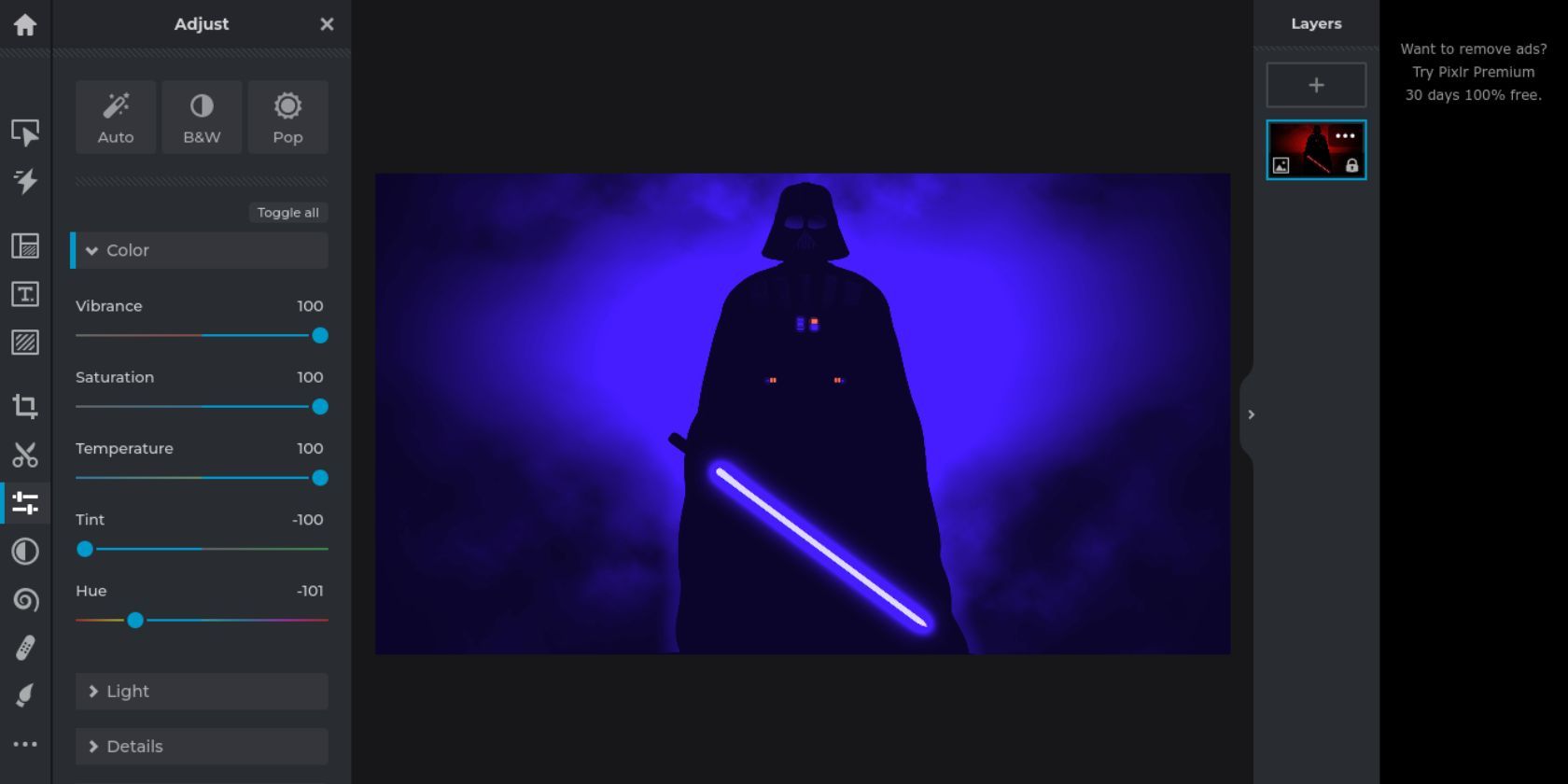 An edited image of Darth Vader on the Pixlr image editing web app