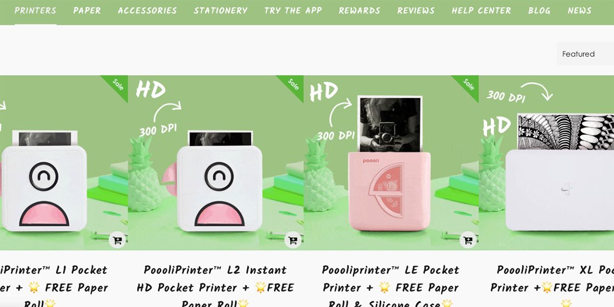 Poooliprinter homepage showing multiple printers for sale.