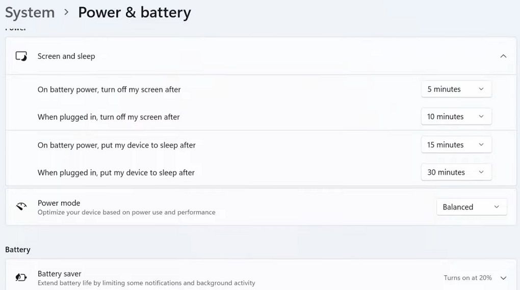 The Power & battery settings in Windows 11