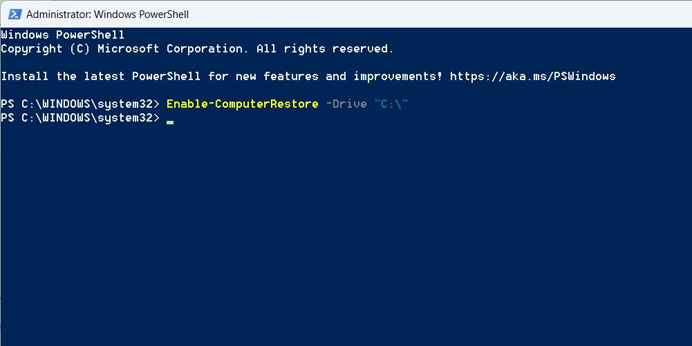 enabling system protection for drive c in windows powershell