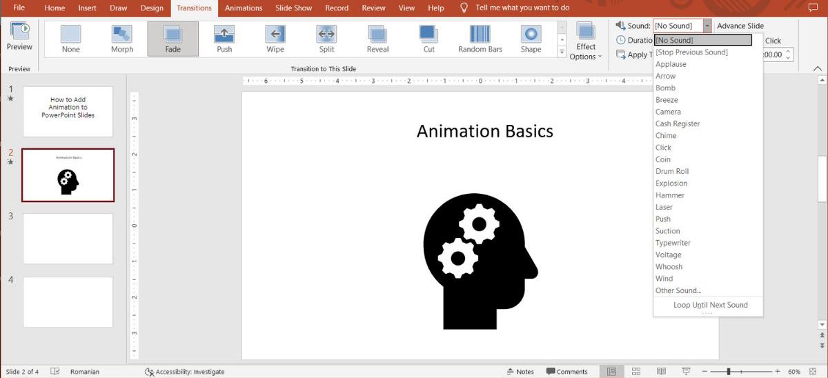 PowerPoint transitions between slides