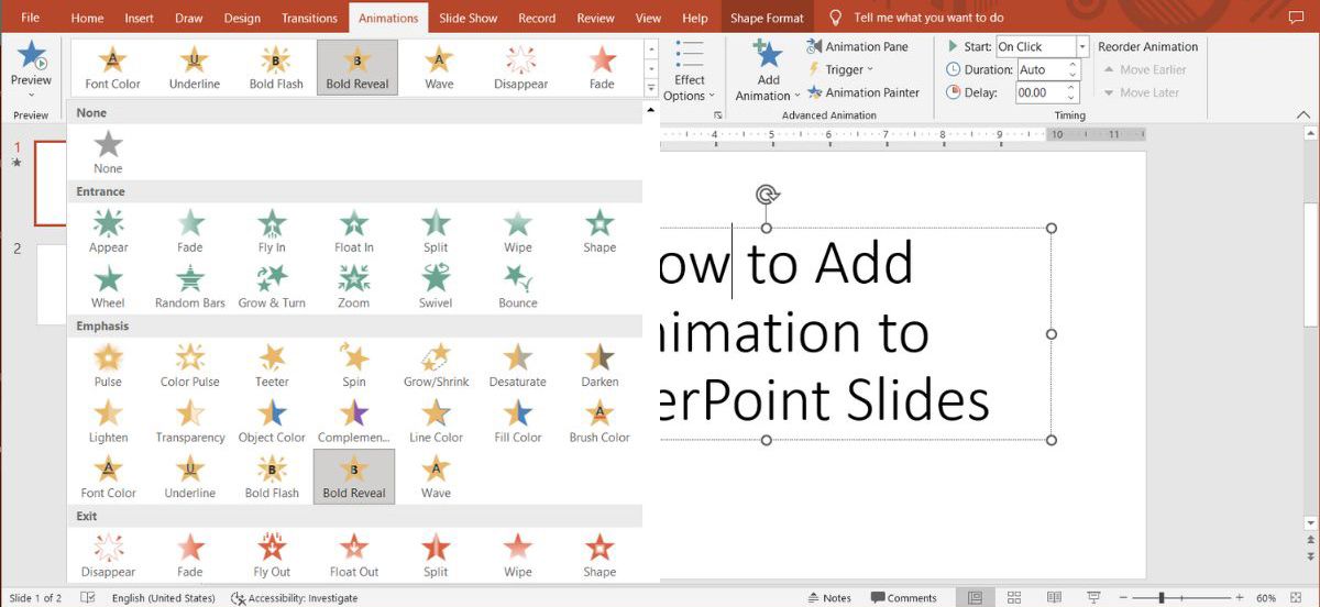 PowerPoint animations menu