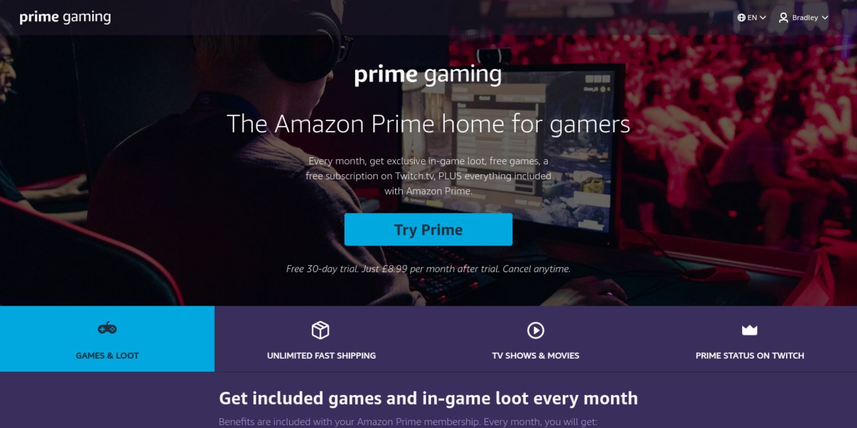 The trial page for Amazon Prime Gaming