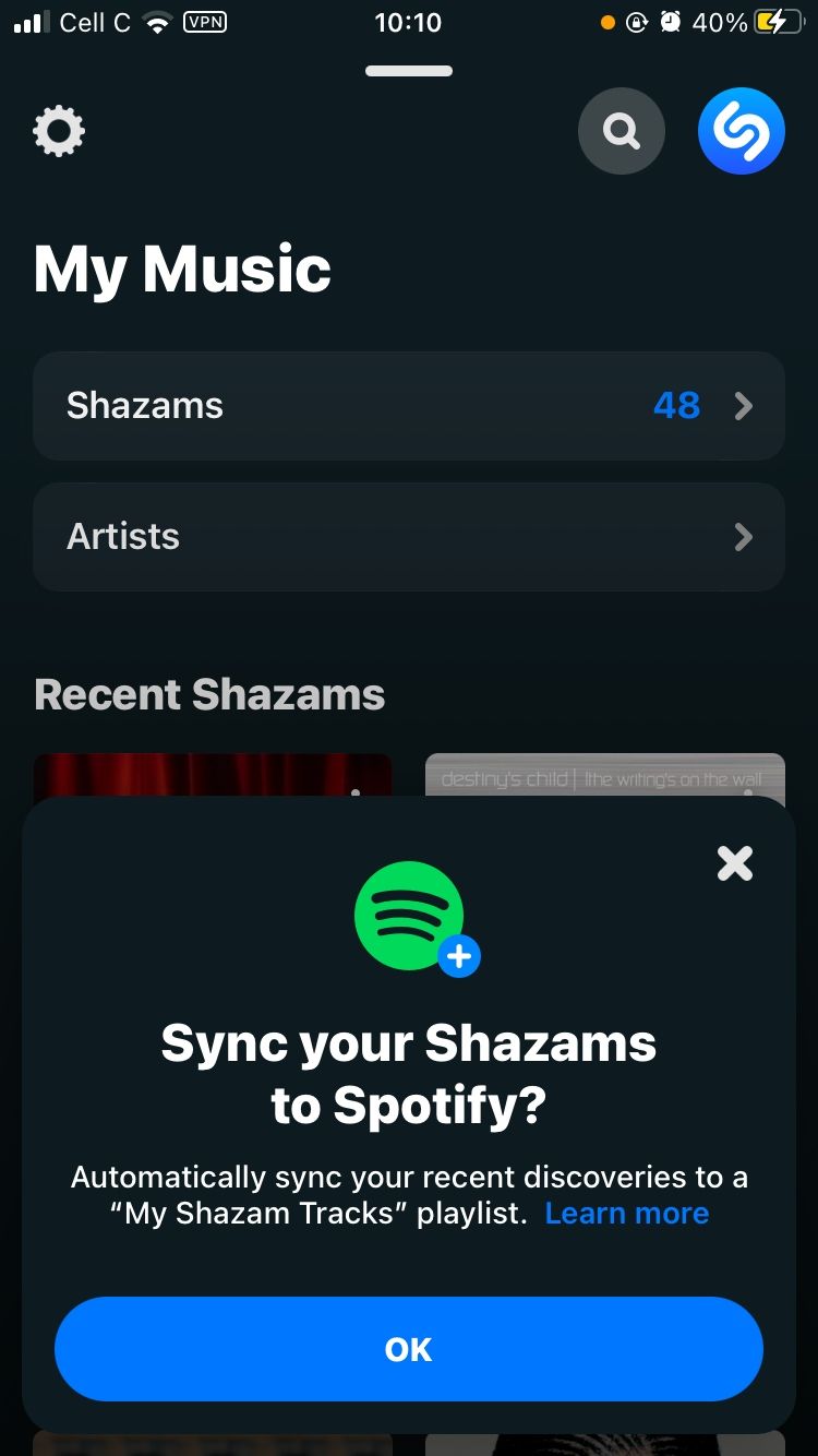 prompt to sync shazams to spotify