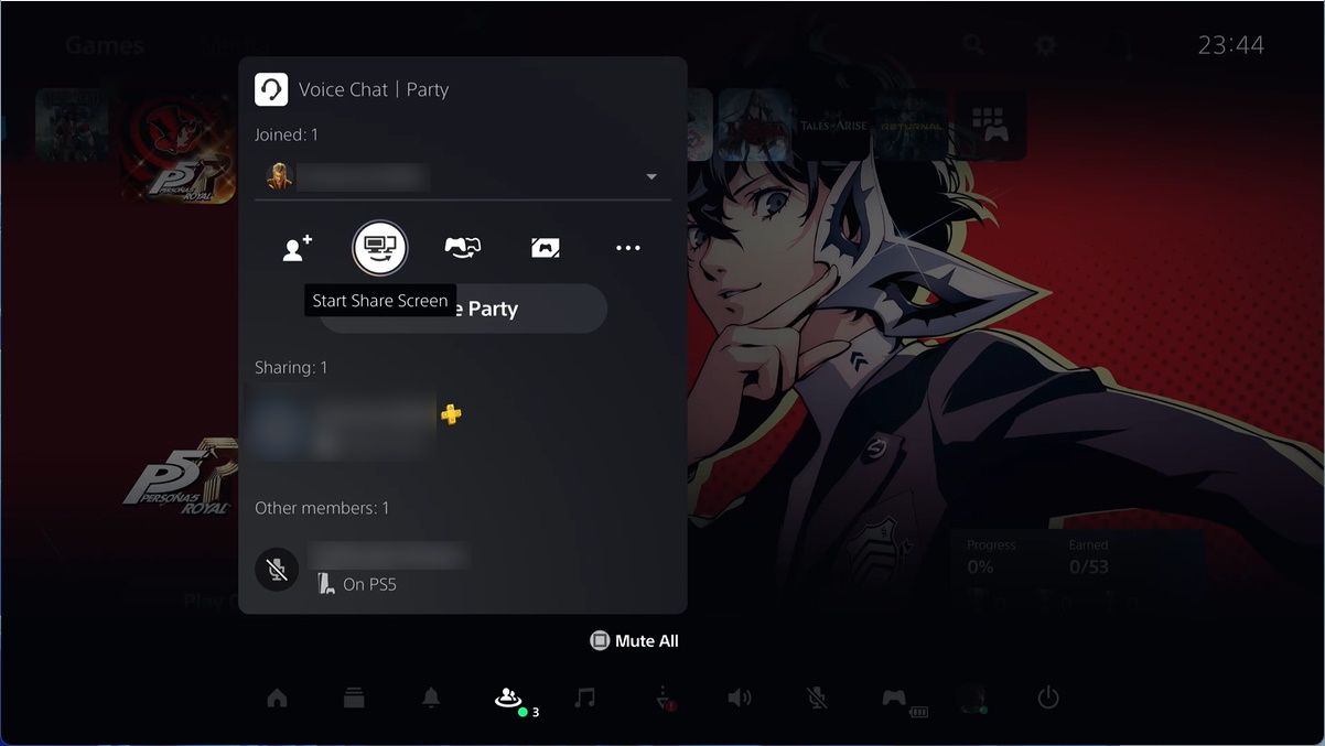 the voice chat window on ps5 with the start share screen button selected