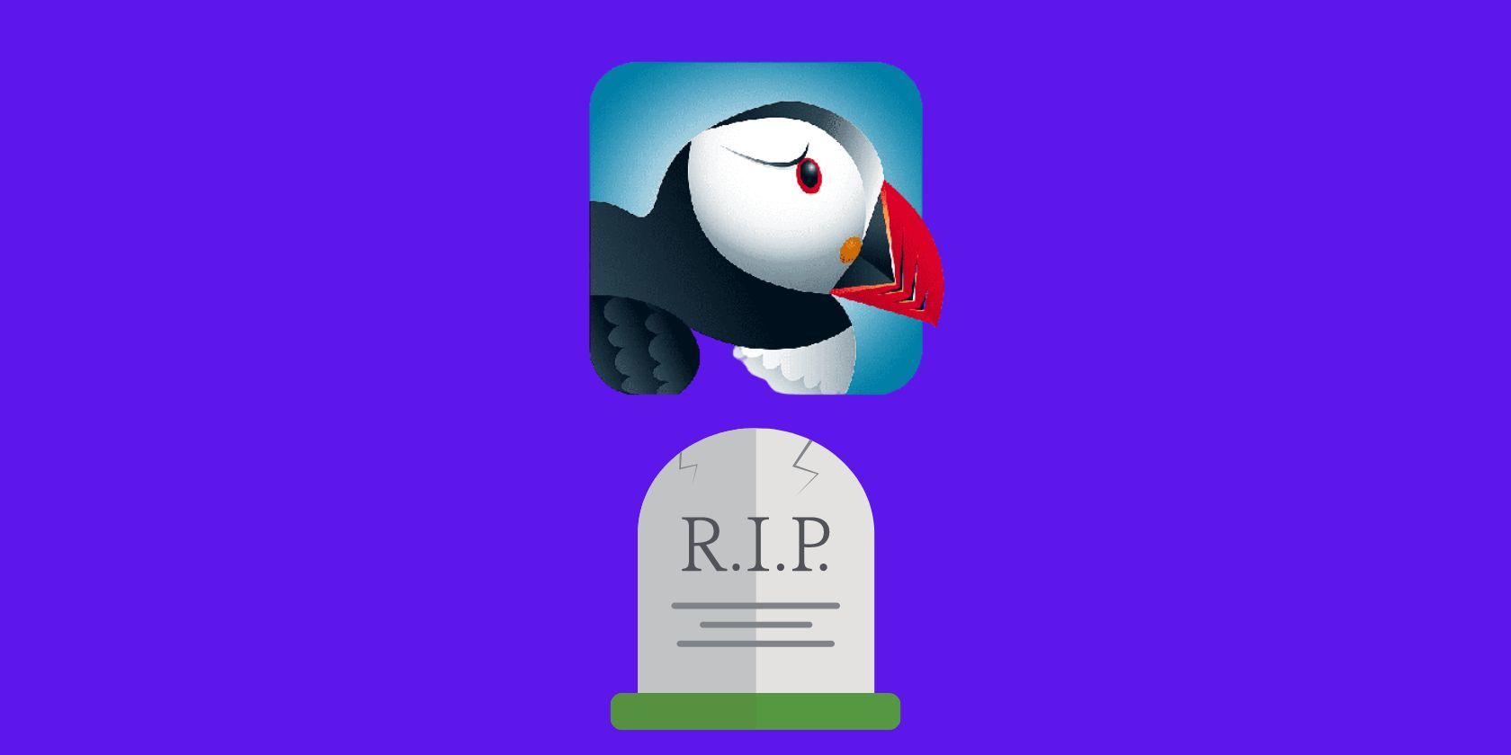 The Puffin logo with a vector of a grave underneath on a purple background