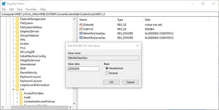Changing the value for file sharing encryption in regedit