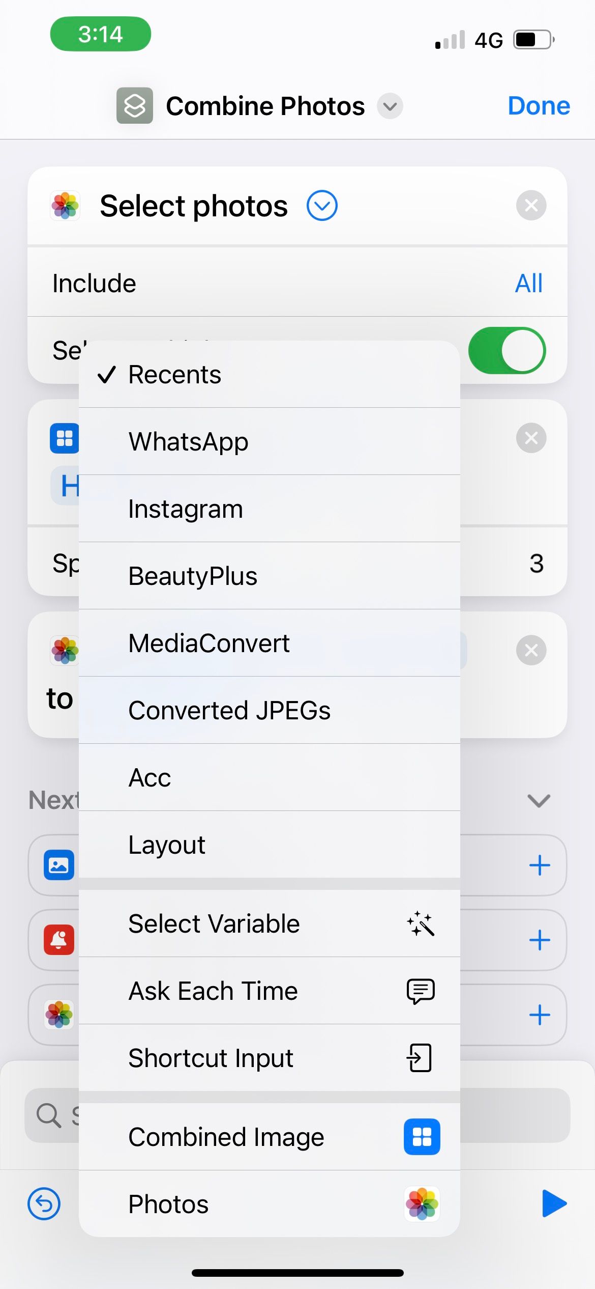choose destination folder for combined photo in iphone shortcut