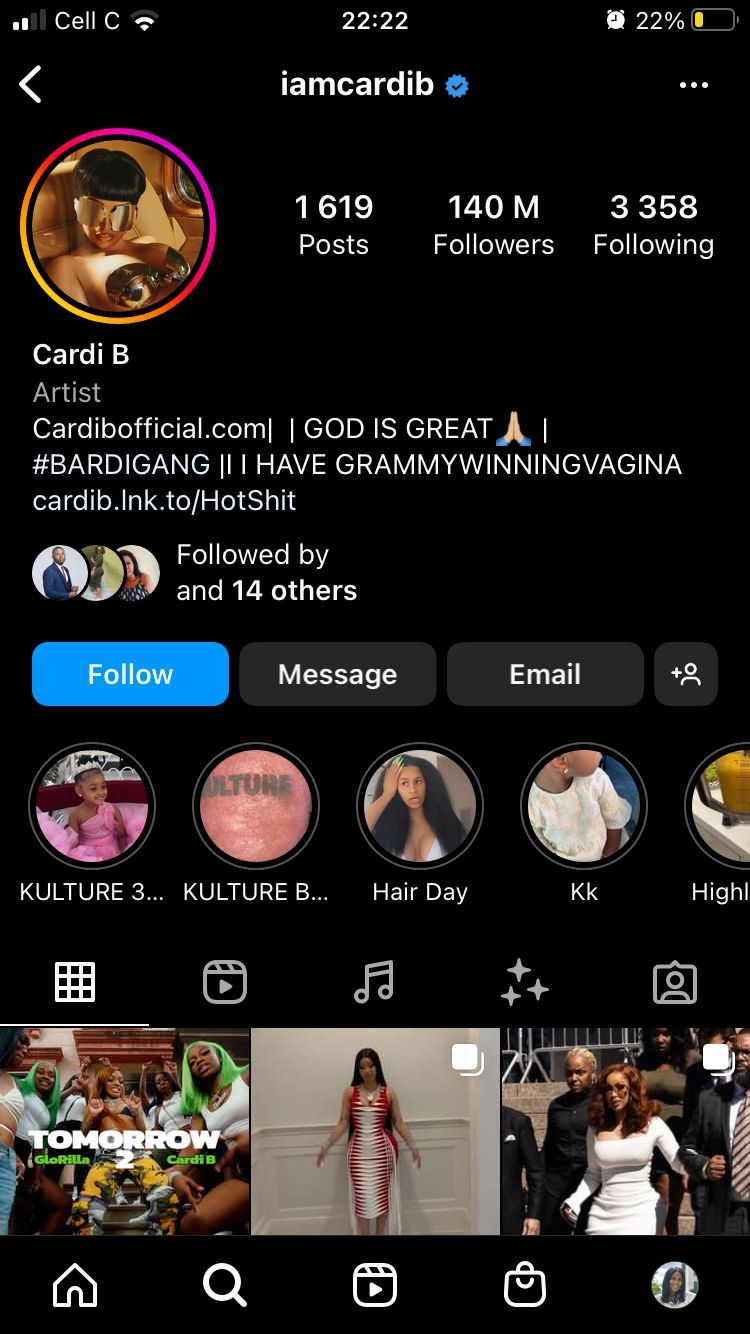 screenshot of cardi b's instagram profile