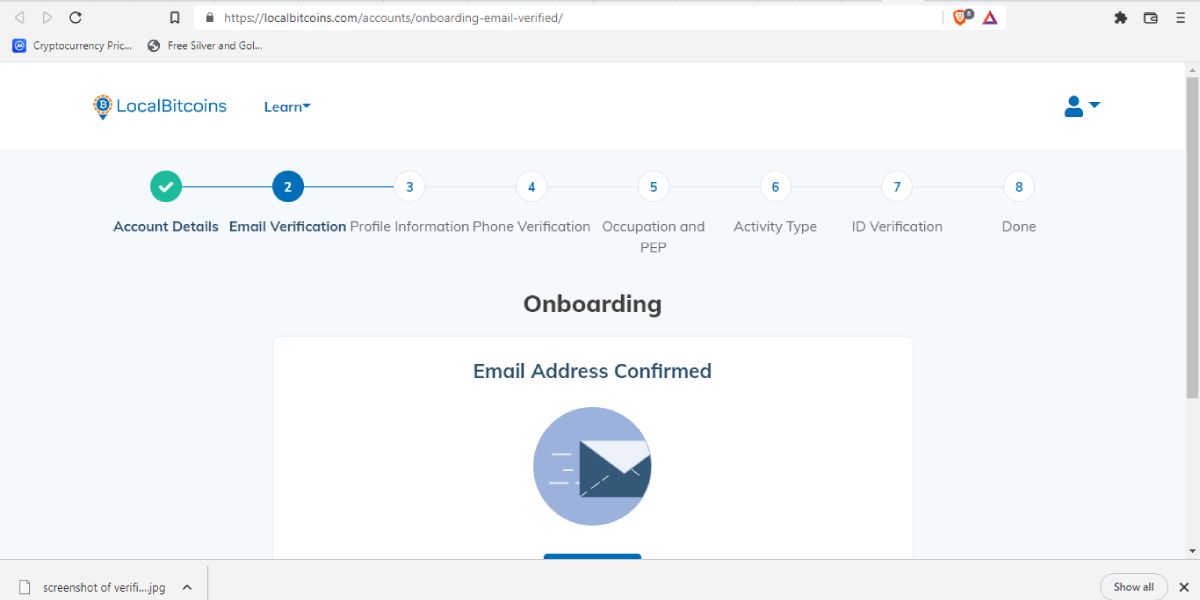screenshot of email verification confrimation page