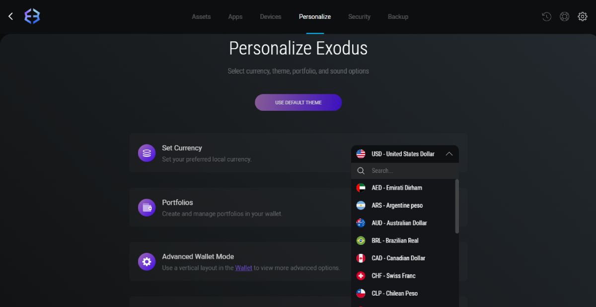 screenshot of exodus wallet customization settings page