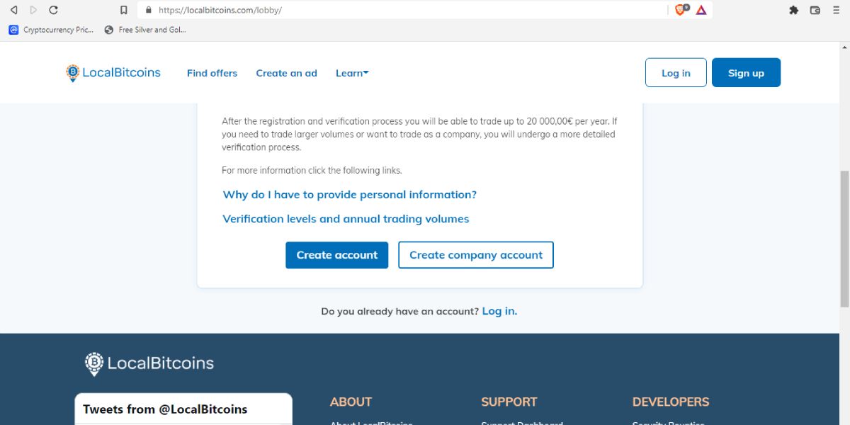 screenshot of lacalbitcoins homepage with signup option