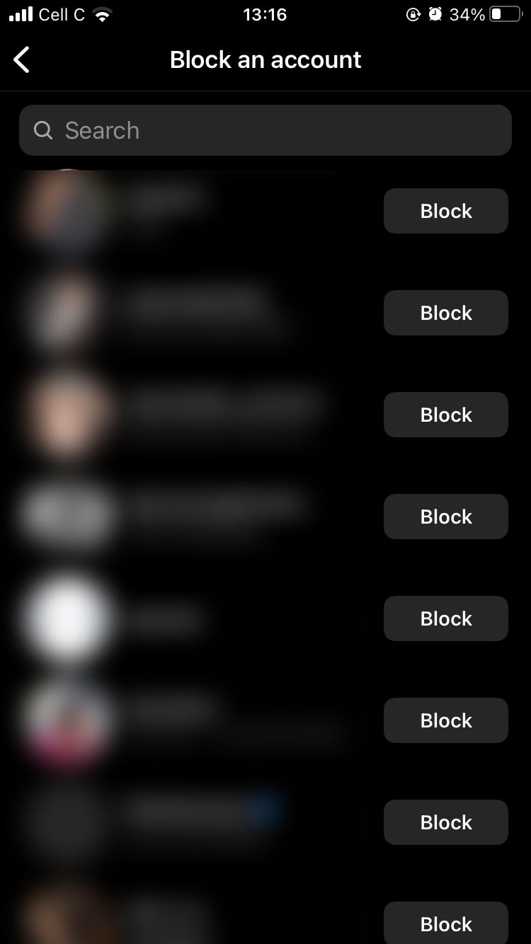 screenshot of list of accounts to block on instagram