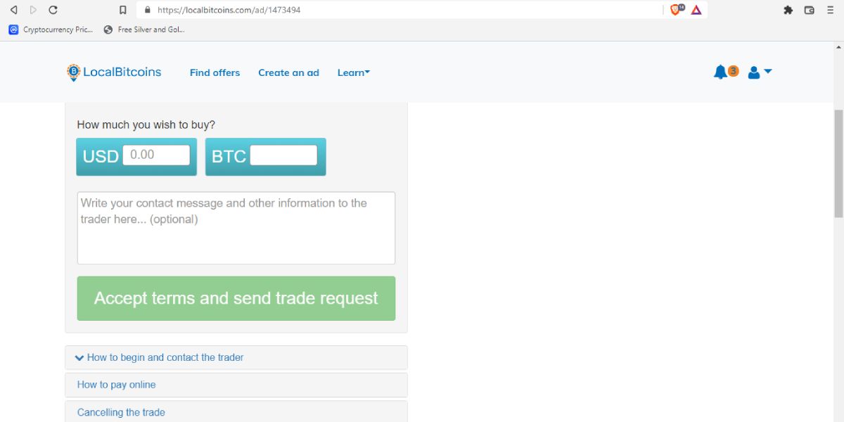 screenshot of localbitcoins trade request page