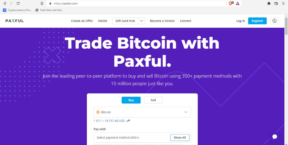 screenshot of paxful homepage with the register button