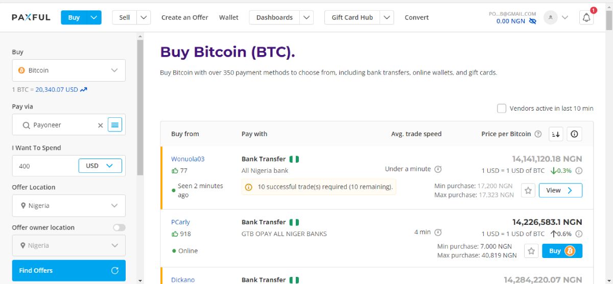 screenshot of paxful listings page