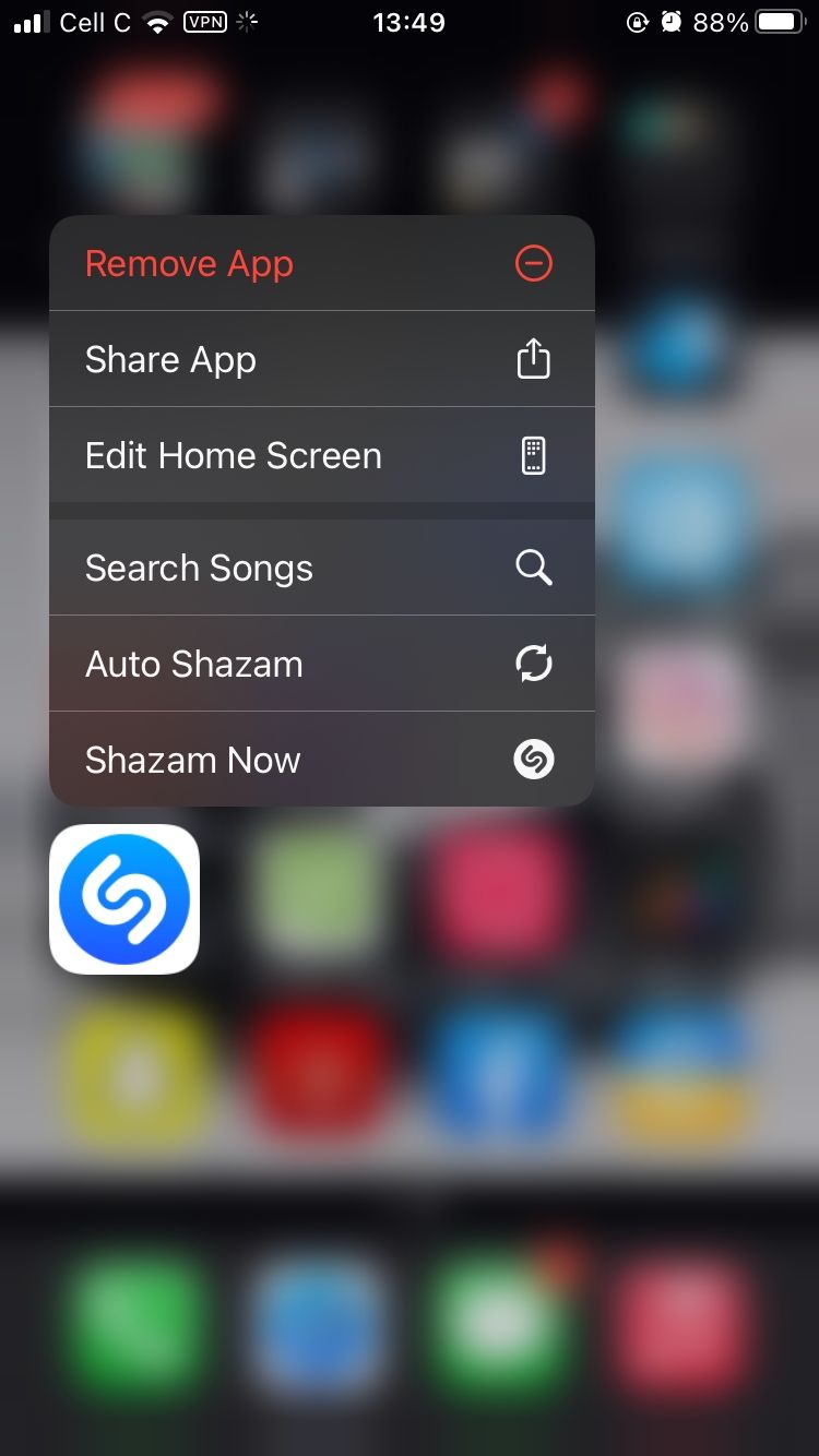 screenshot of shazam mobile app menu on phone