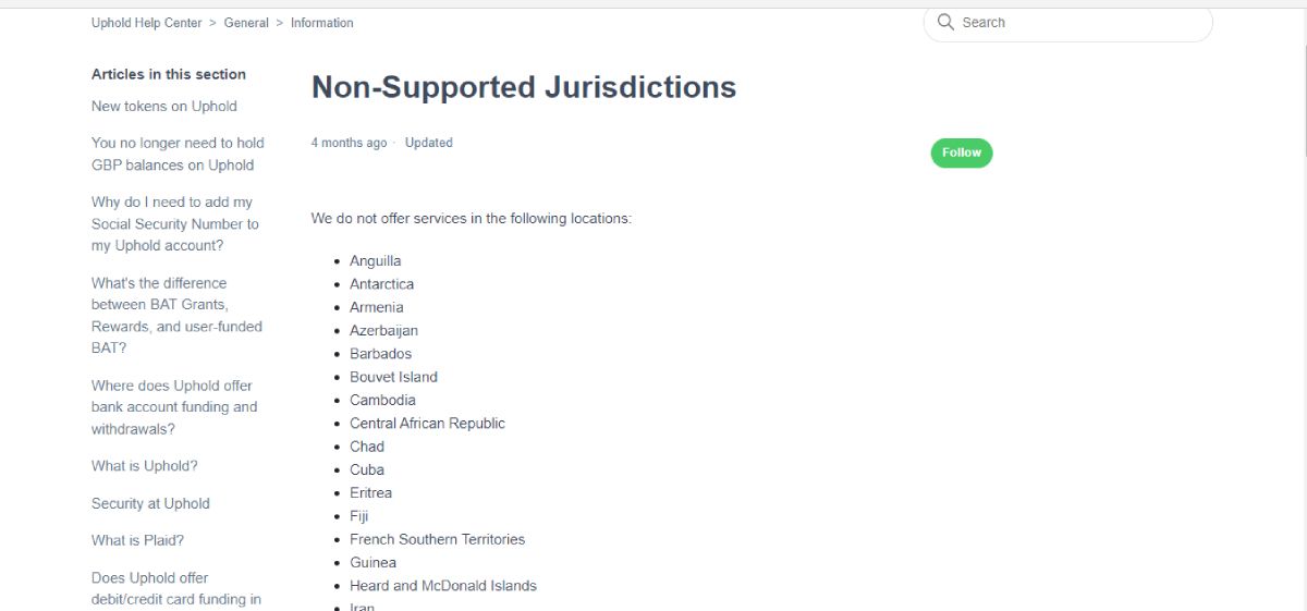 screenshot of uphold supported countries page