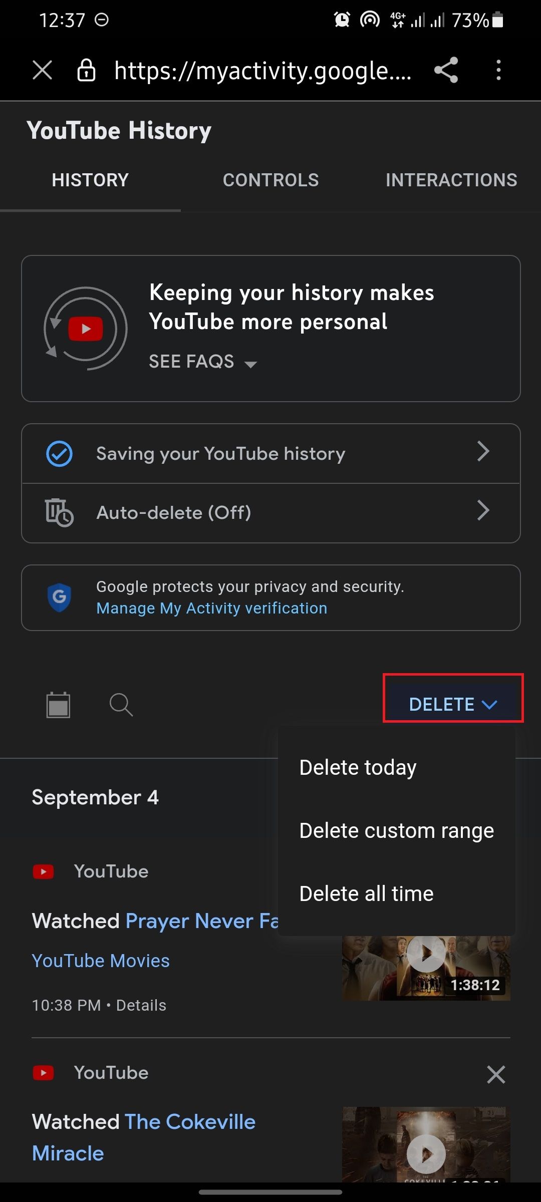 screenshot showing delete search history option on youtube app