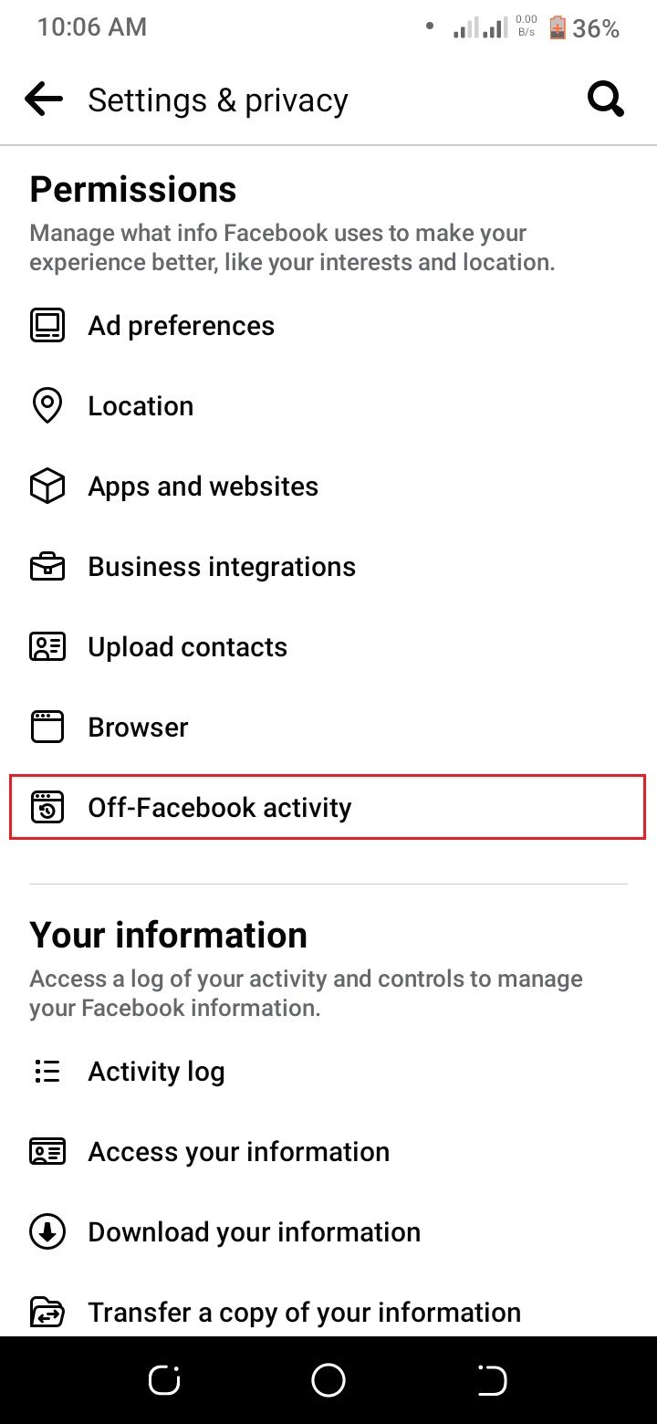 screenshot showing facebook settings permission section
