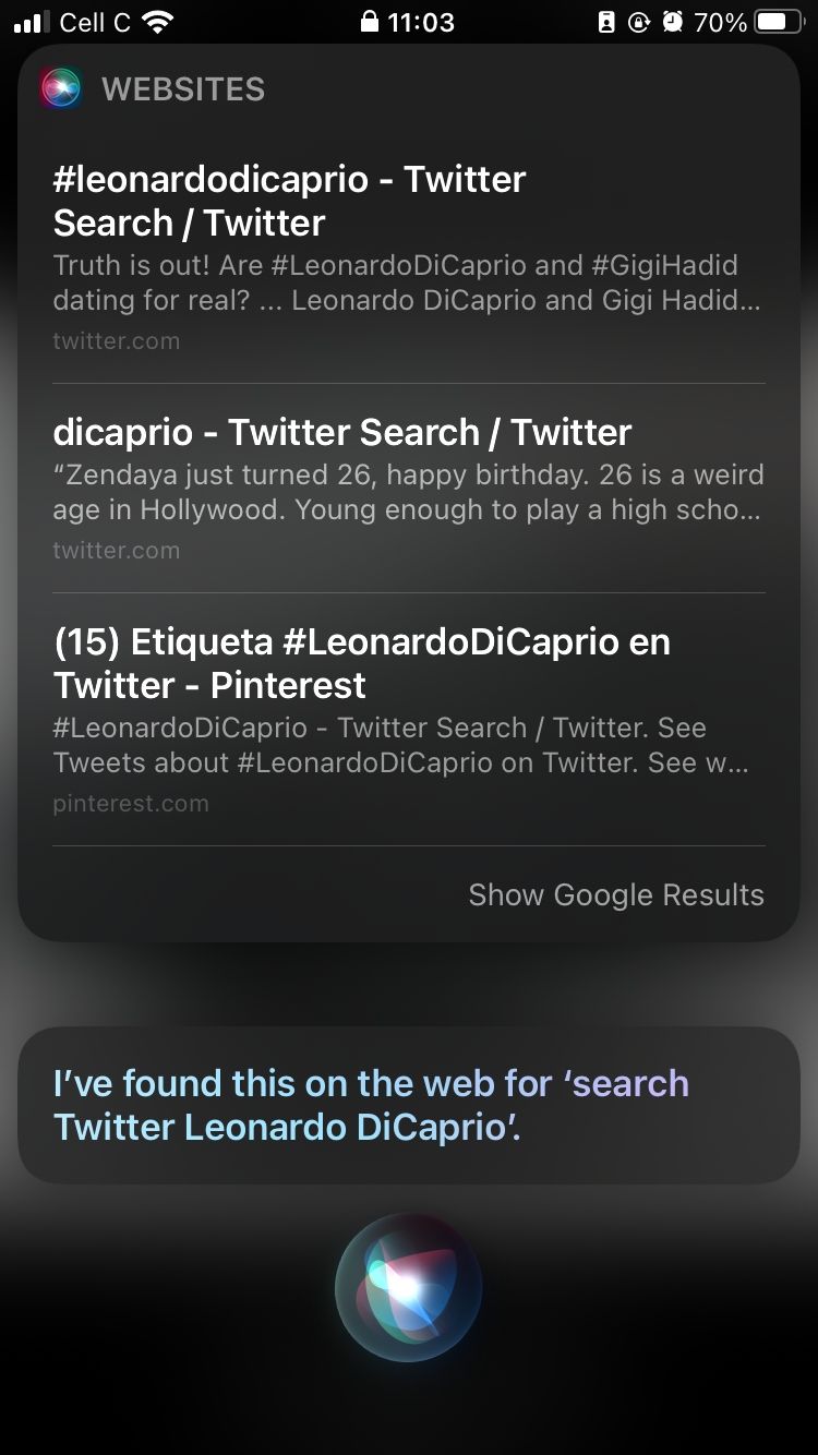 screenshot showing list of links to leonardo dicaprio tweets