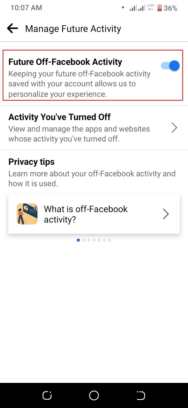 screenshot showing off-facebook activity toggle