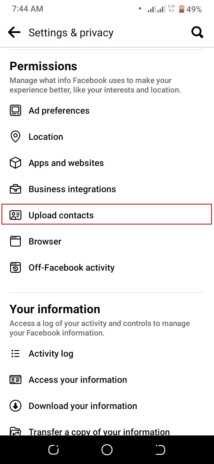 screenshot showing permission section on Facebook settings
