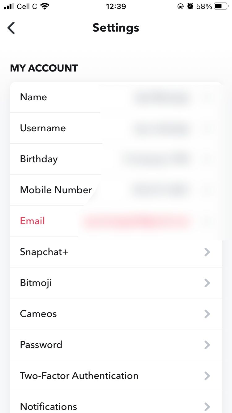 screenshot showing snapchat settings page