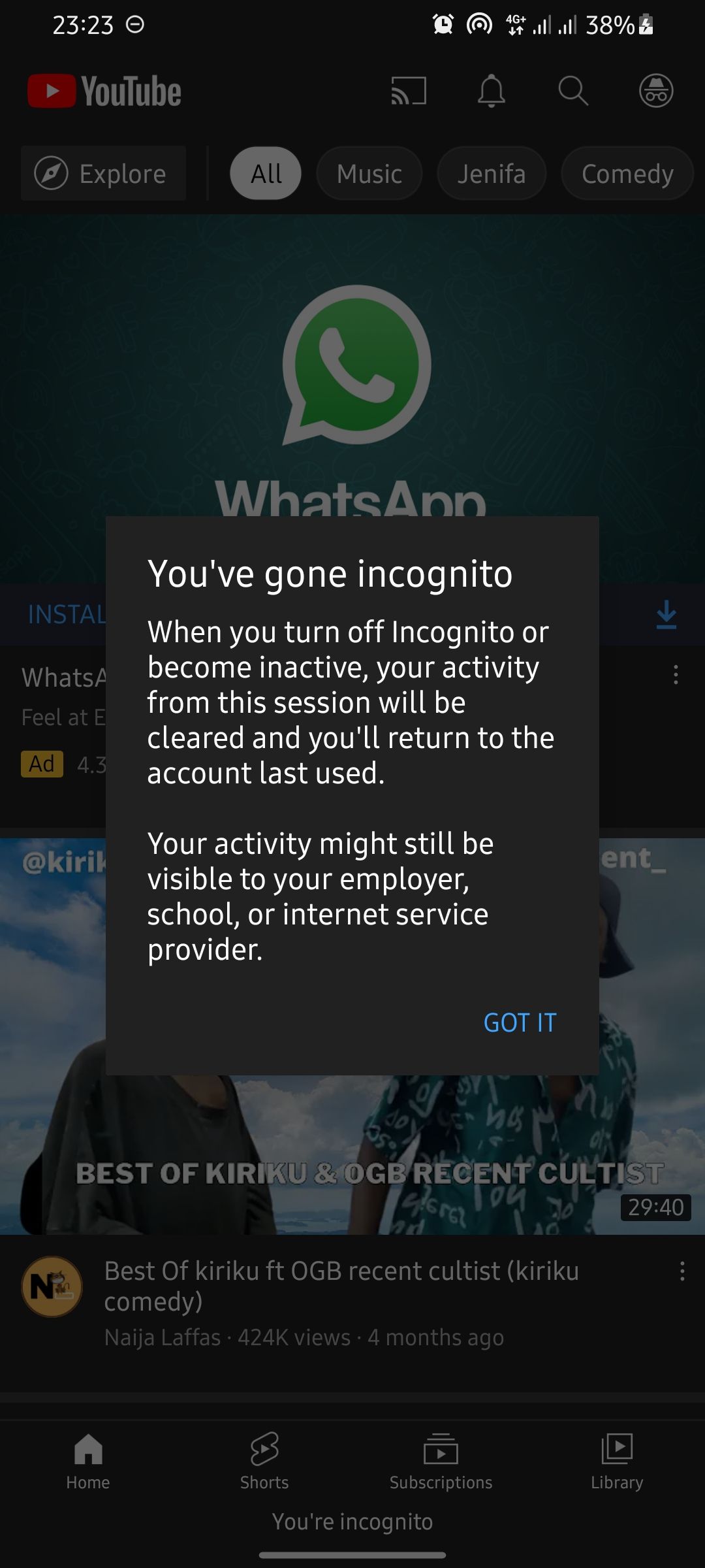 screenshot showing youtube incognito prompt