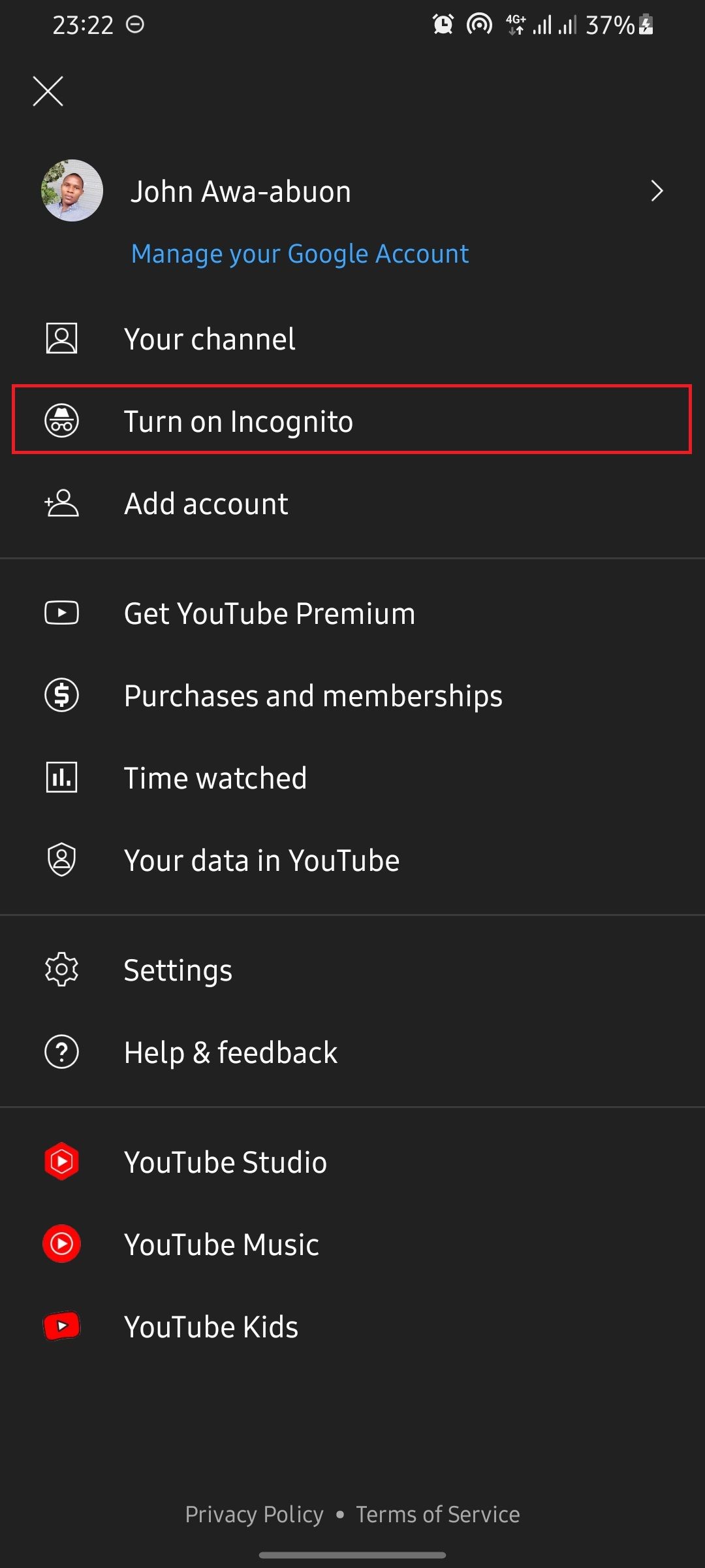 screenshot showing youtube profile menu with incognito highlighted
